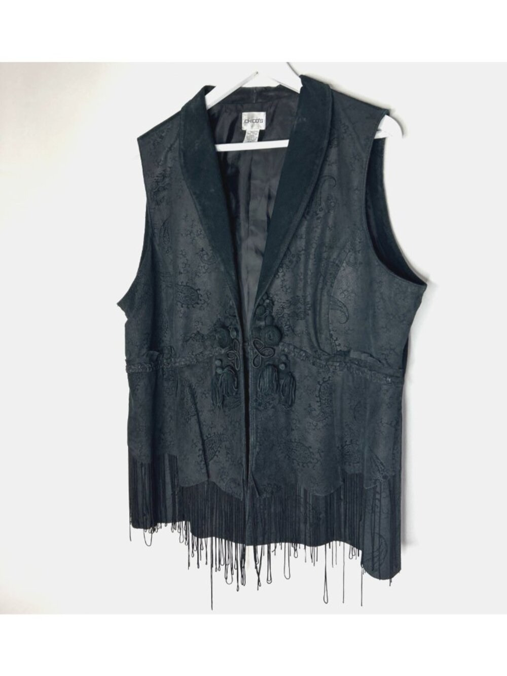 Chicos Black Leather Embroidered Fringe Vest Size 3 Sleeveless Lined